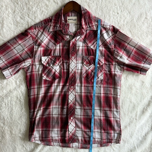 Rustler By Wrangler Shirt Mens Medium Large Red Plaid Pearl Snap Short Sleeve - Picture 9 of 9